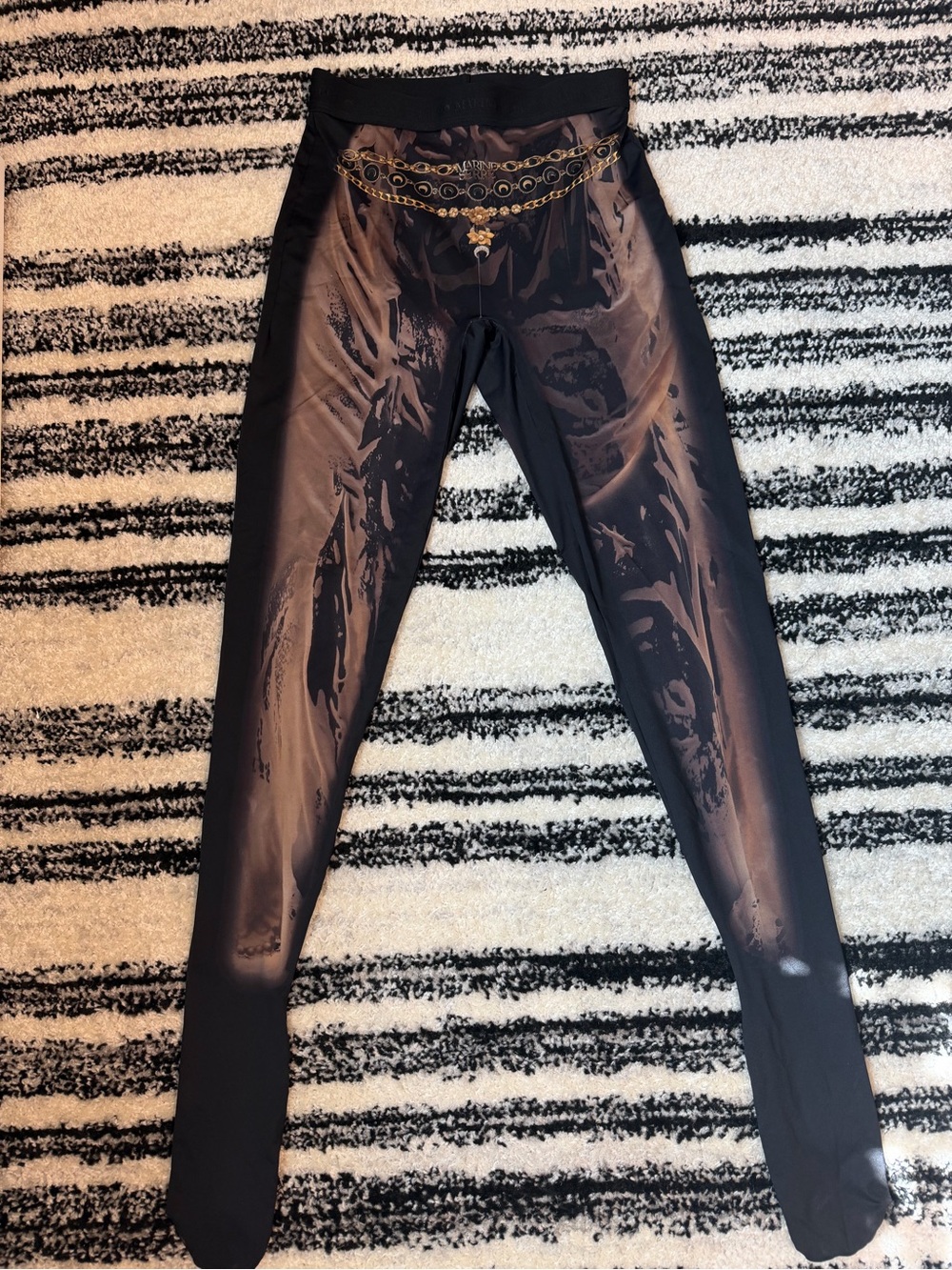 Marine Serre Black Leggings and long Sleeve Top with Metallic Gold Chain Print